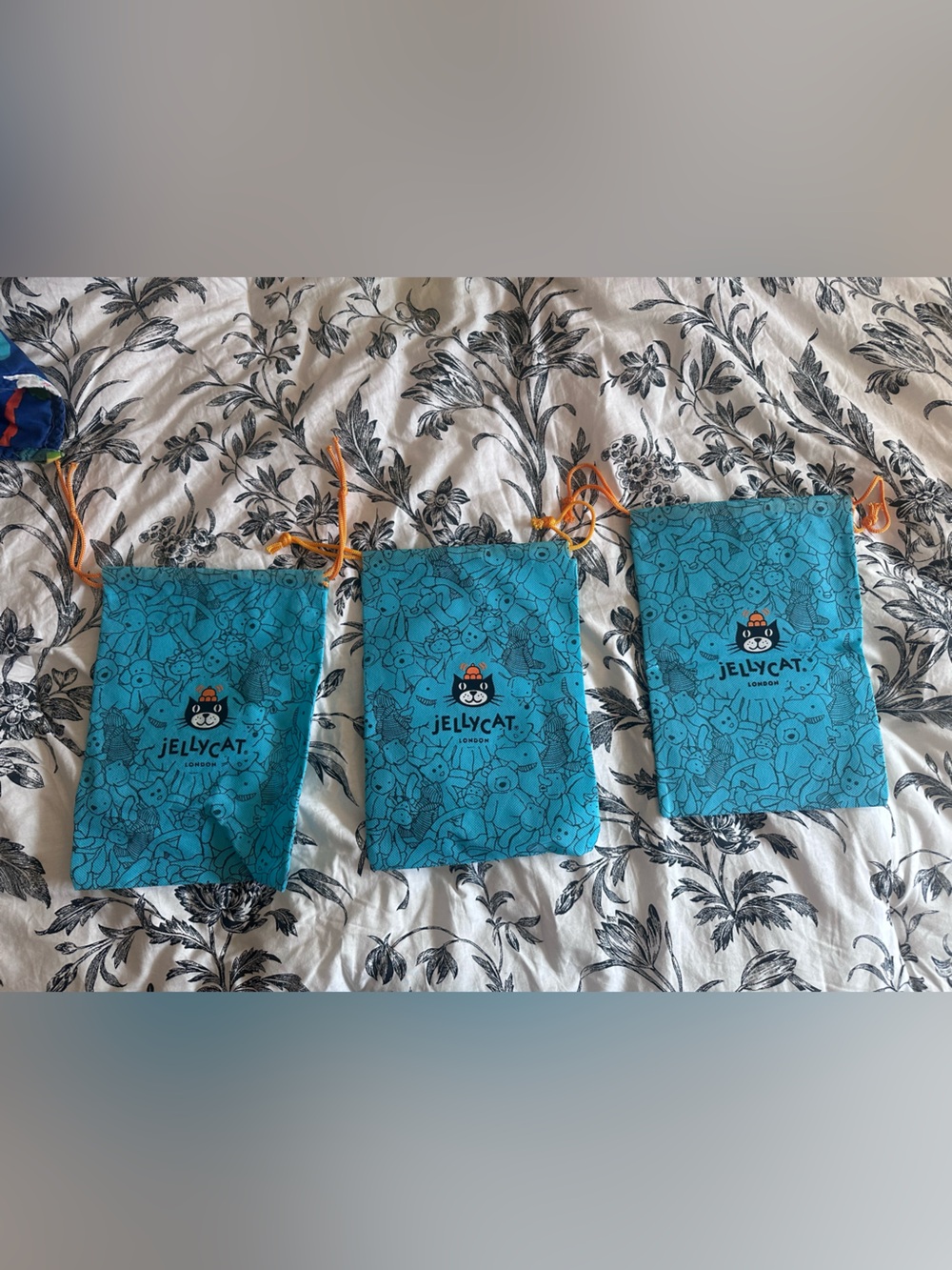 Jellycat Teal Drawstring Pouches with Orange Cords Dust Bags— Set of 3